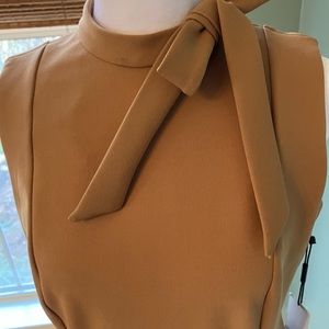 NWT Calvin Klein Caramel Designer Sheath Dress High Neck w/ Side Bow Gold Zip